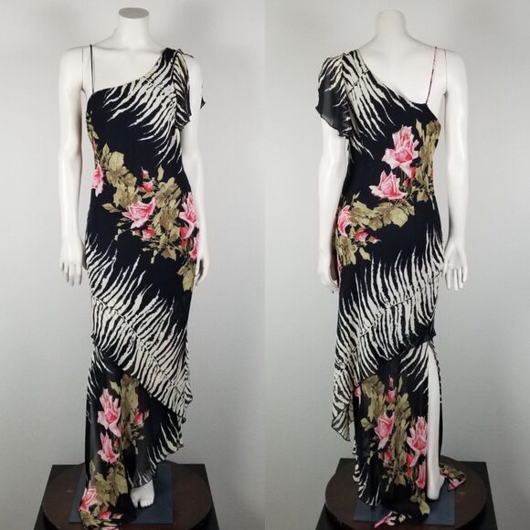 Alberto Makali Black Floral Asymmetrical One Shoulder Maxi Rayon Dress Size 8 - Picture 1 of 16
